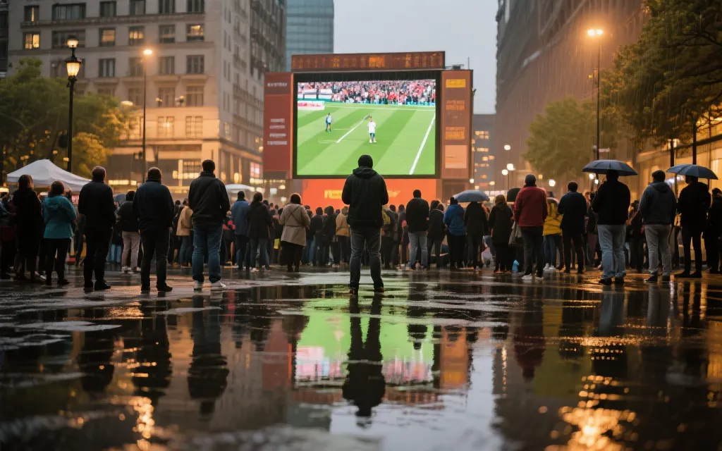球迷在城市广场观看大屏直播的人群，纪录片风格
