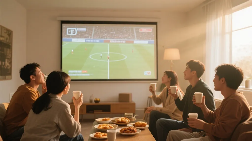 中国球迷清晨观赛聚会，早餐与投影屏幕的温暖场景