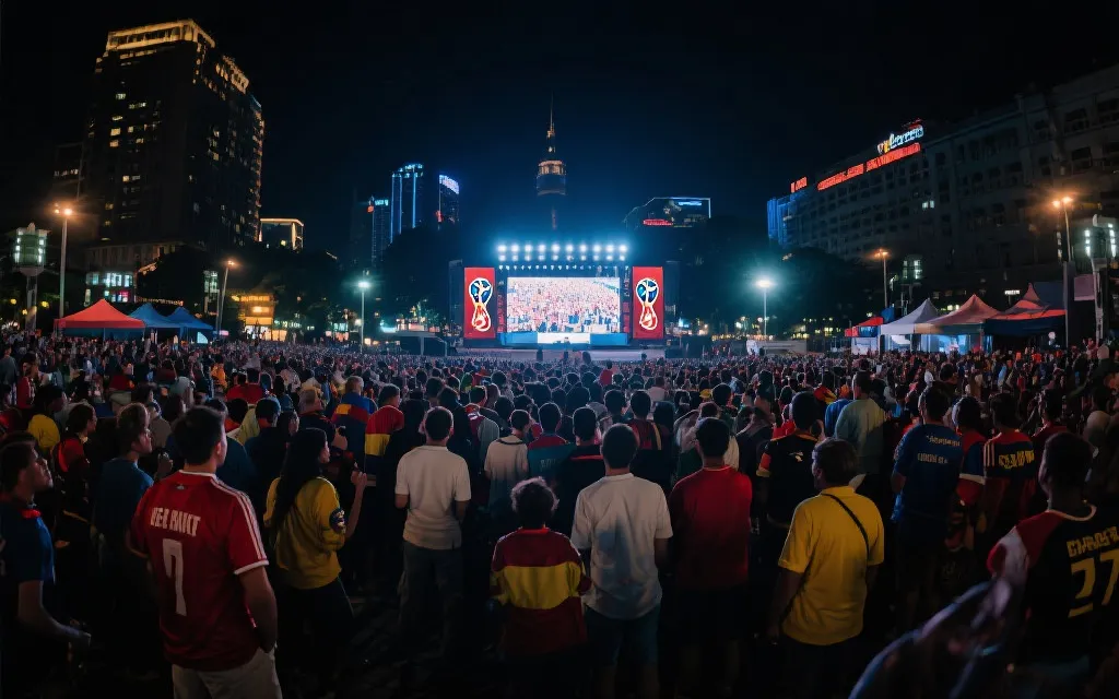 夜晚的城市广场公共观赛人群，多国旗帜与灯光，大屏幕氛围，纪实摄影风