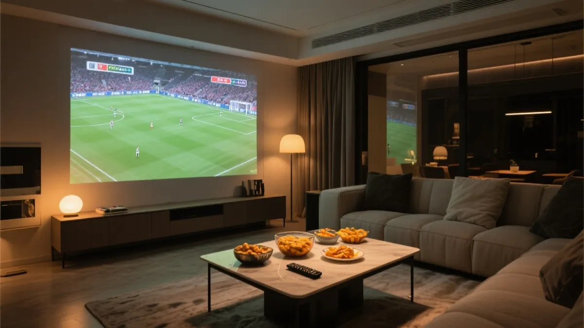 客厅电视与投影同屏对比，展示4K运动赛事观赛设置的场景