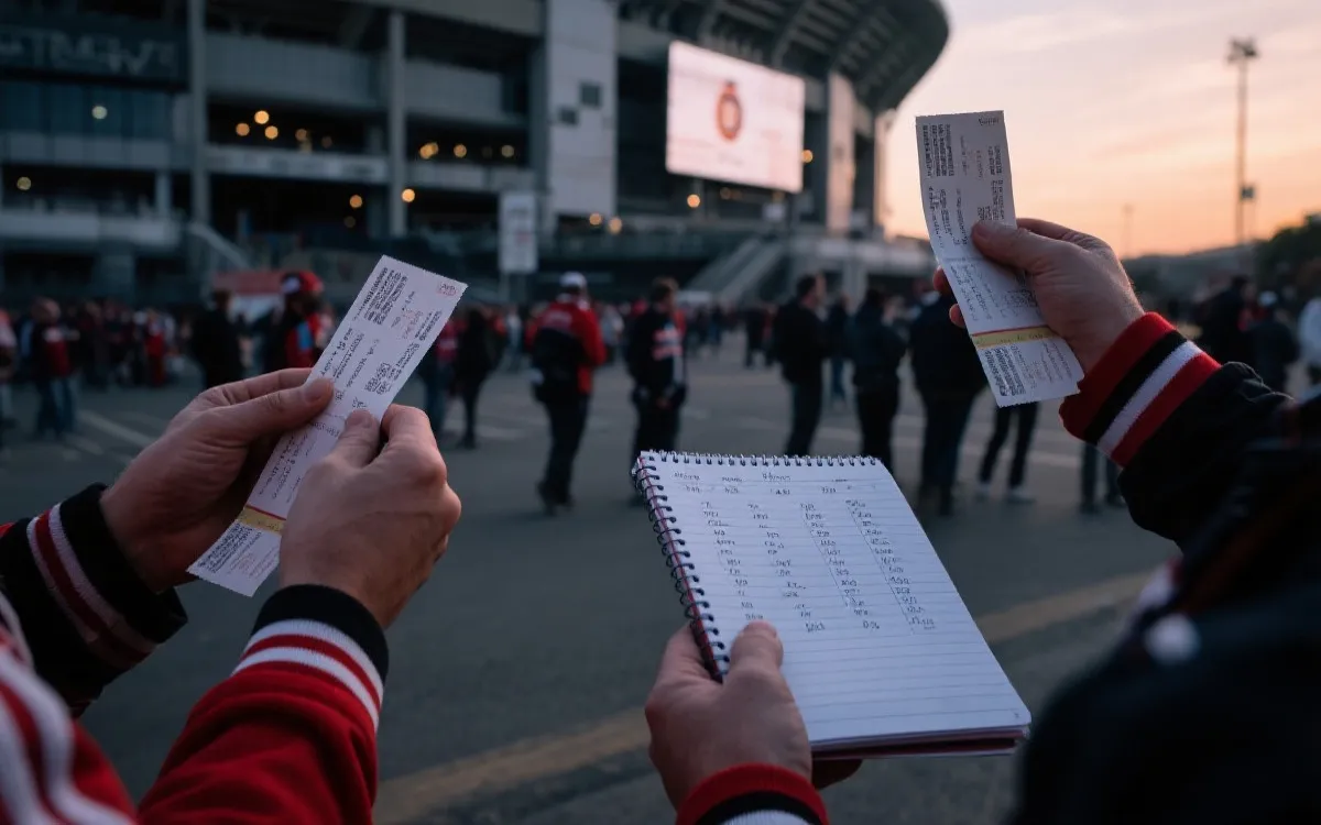 球迷在球场外规划预算与行程的画面，理性与热爱并存